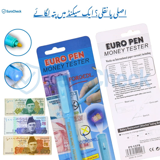 EuroCheck fake note detector pen for Pakistani currency – money checking pen with UV light and ink marker.