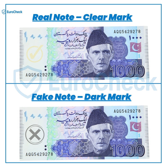 Person using EuroCheck pen to check a 1000 rupee note under UV light – currency verification pen.